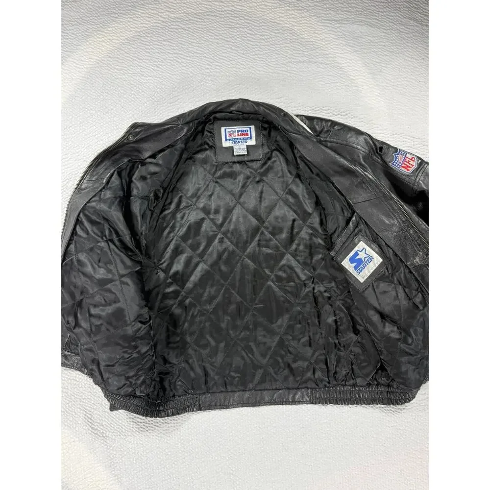 VINTAGE Starter Leather Jacket Mens Large New York Giants Black 90s NFL Football